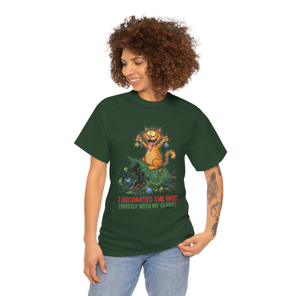Christmas Cat T-Shirt — "I Decorated the Tree! (Mostly With My Claws)" Funny Holiday Tee