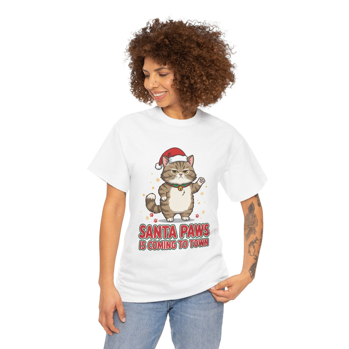 Santa Paws Christmas T-Shirt — "Santa Paws Is Coming to Town" Cute Cat Holiday Tee