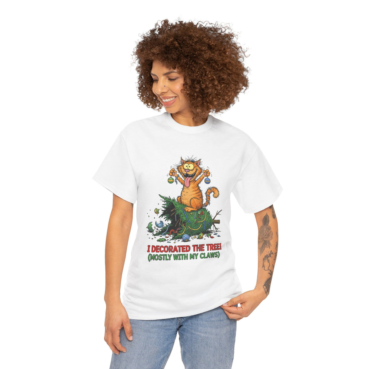Christmas Cat T-Shirt — "I Decorated the Tree! (Mostly With My Claws)" Funny Holiday Tee