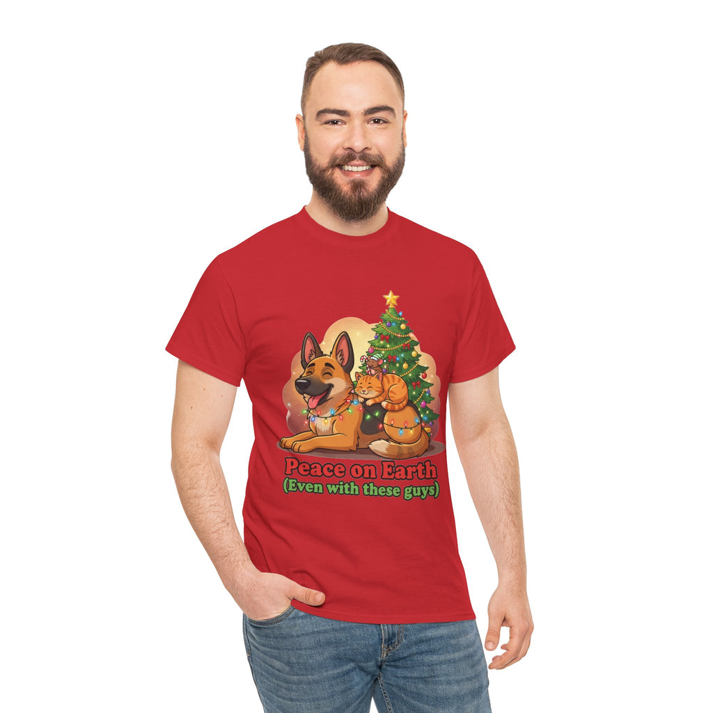 Peace on Earth Christmas Tee — Cute Dog & Cat Holiday Shirt