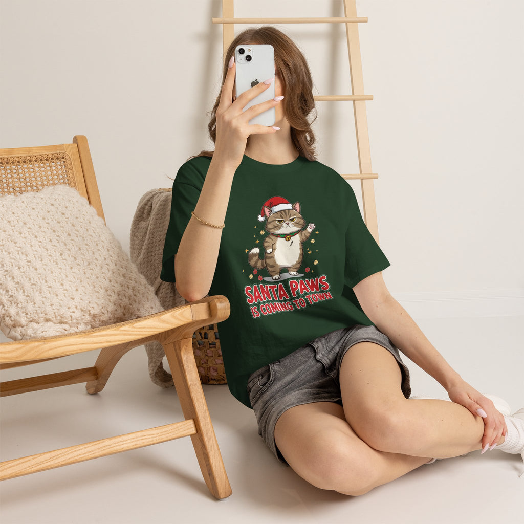 Santa Paws Christmas T-Shirt — "Santa Paws Is Coming to Town" Cute Cat Holiday Tee