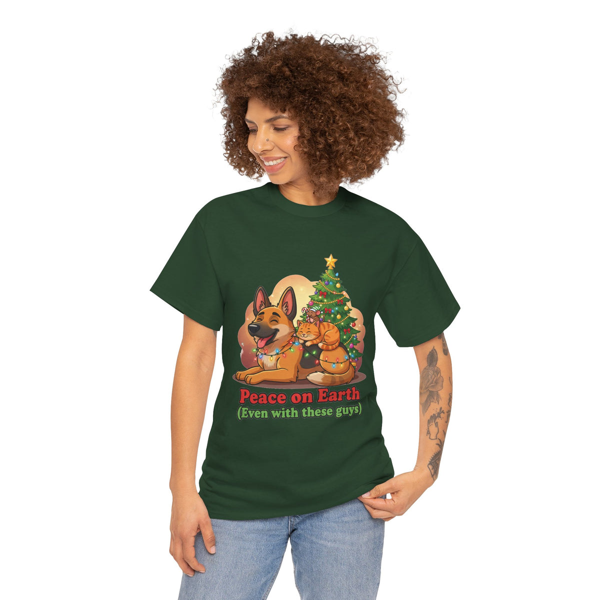 Peace on Earth Christmas Tee — Cute Dog & Cat Holiday Shirt
