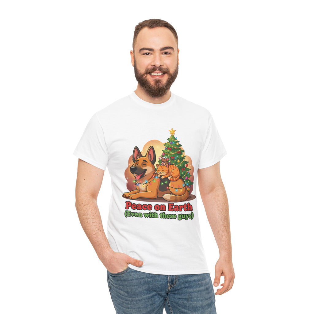 Peace on Earth Christmas Tee — Cute Dog & Cat Holiday Shirt
