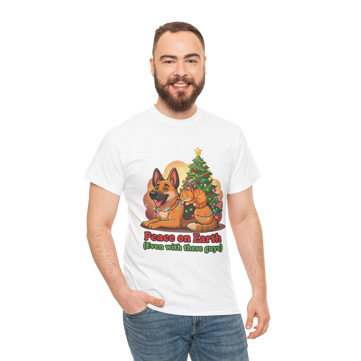 Peace on Earth Christmas Tee — Cute Dog & Cat Holiday Shirt