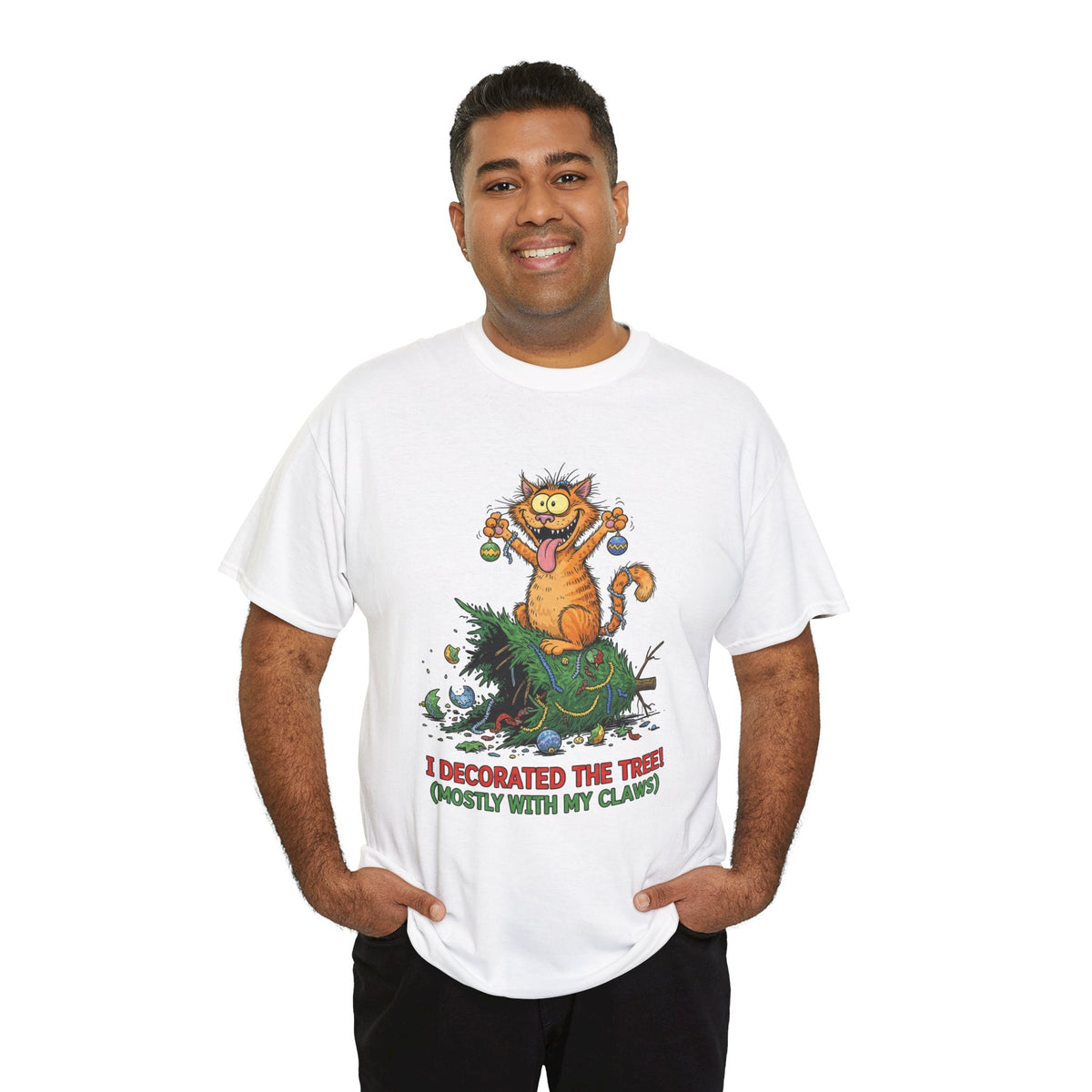 Christmas Cat T-Shirt — "I Decorated the Tree! (Mostly With My Claws)" Funny Holiday Tee