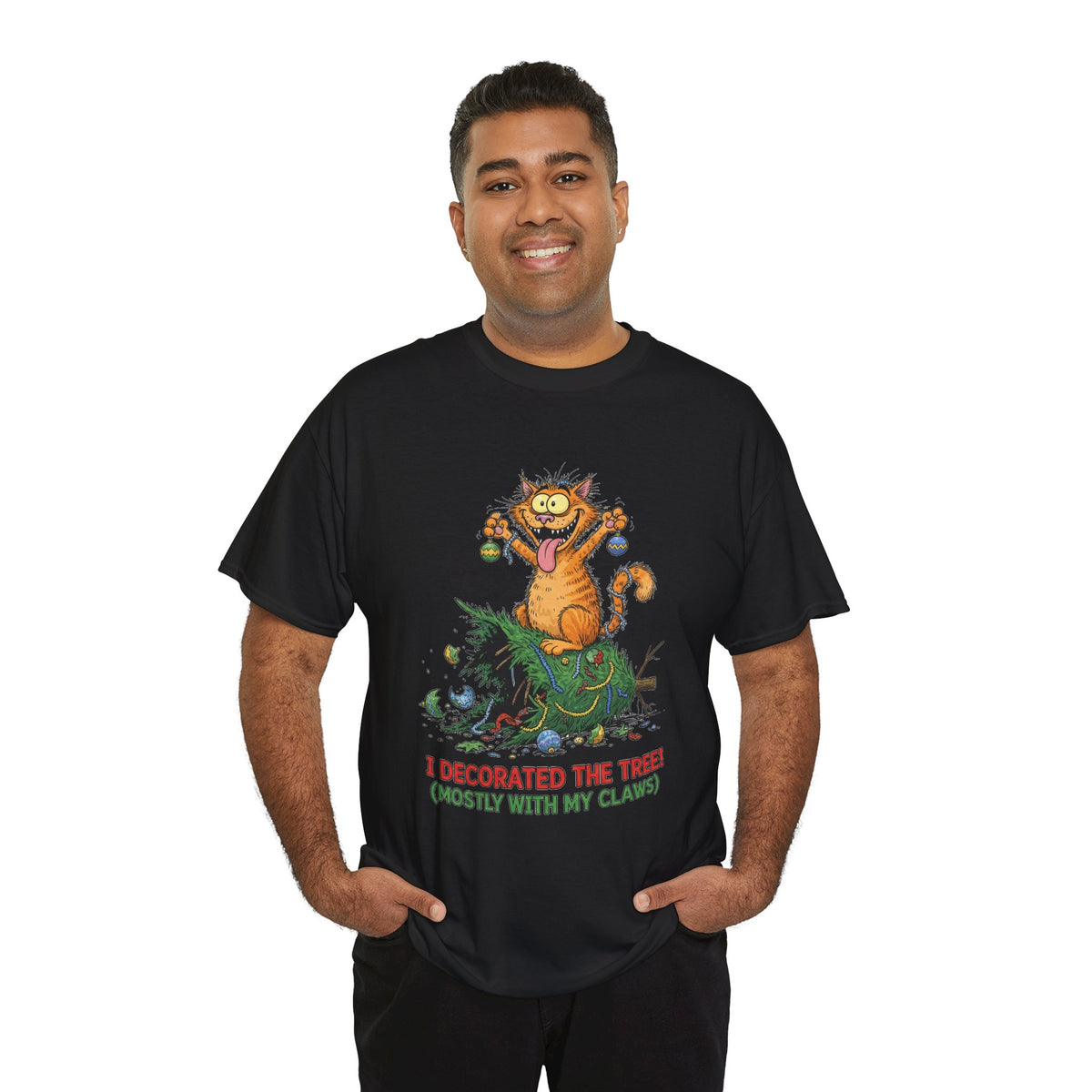 Christmas Cat T-Shirt — "I Decorated the Tree! (Mostly With My Claws)" Funny Holiday Tee
