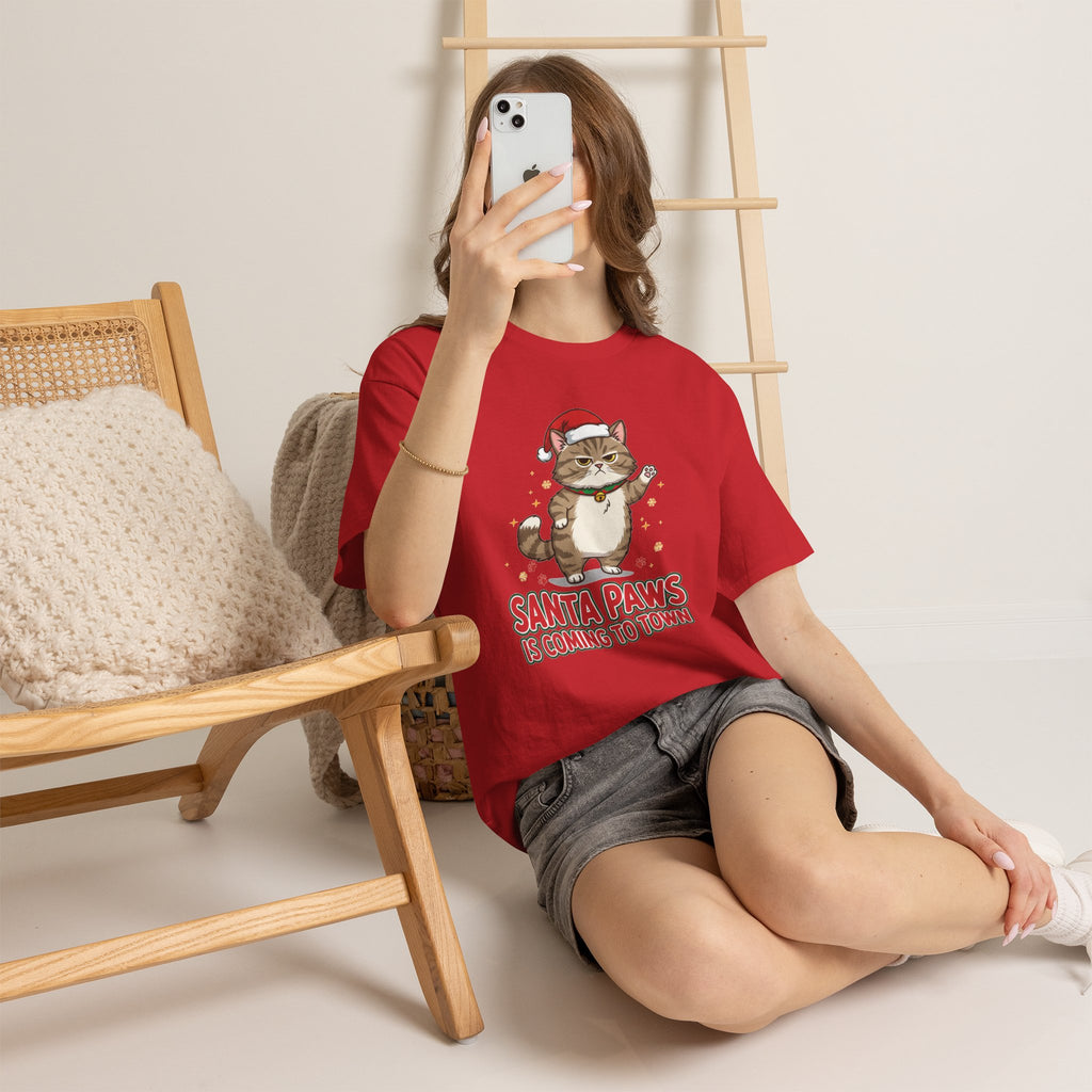 Santa Paws Christmas T-Shirt — "Santa Paws Is Coming to Town" Cute Cat Holiday Tee