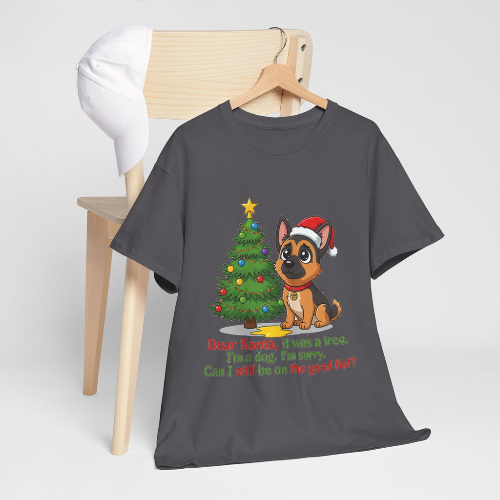 Christmas Dog T-Shirt — Cute German Shepherd with Tree & 'Dear Santa, I was a tree...' Holiday Tee