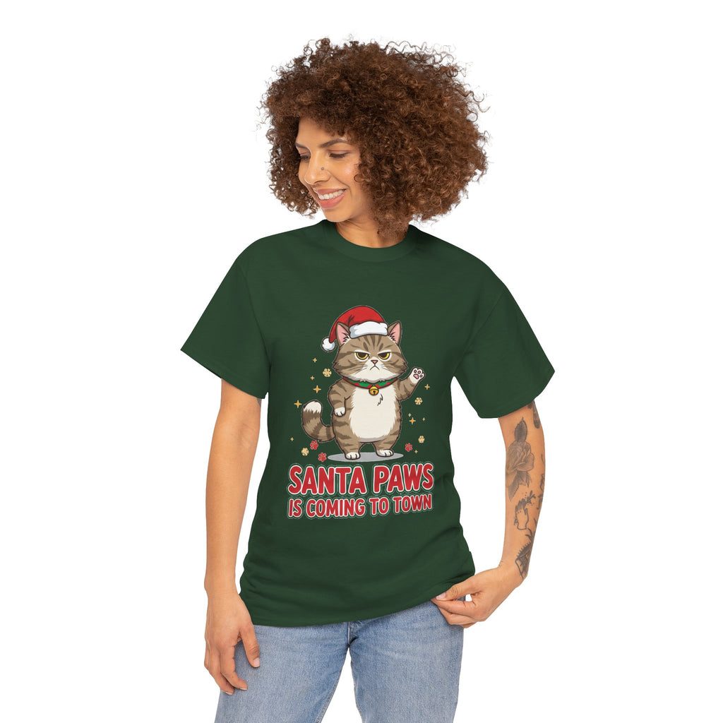 Santa Paws Christmas T-Shirt — "Santa Paws Is Coming to Town" Cute Cat Holiday Tee