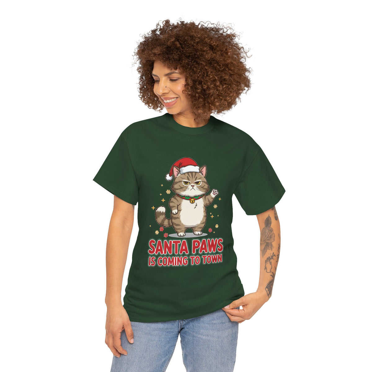 Santa Paws Christmas T-Shirt — "Santa Paws Is Coming to Town" Cute Cat Holiday Tee