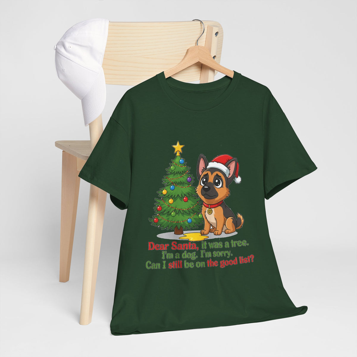 Christmas Dog T-Shirt — Cute German Shepherd with Tree & 'Dear Santa, I was a tree...' Holiday Tee