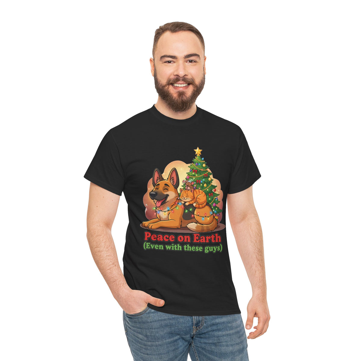 Peace on Earth Christmas Tee — Cute Dog & Cat Holiday Shirt