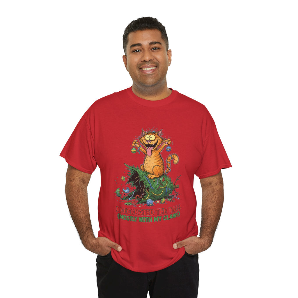 Christmas Cat T-Shirt — "I Decorated the Tree! (Mostly With My Claws)" Funny Holiday Tee