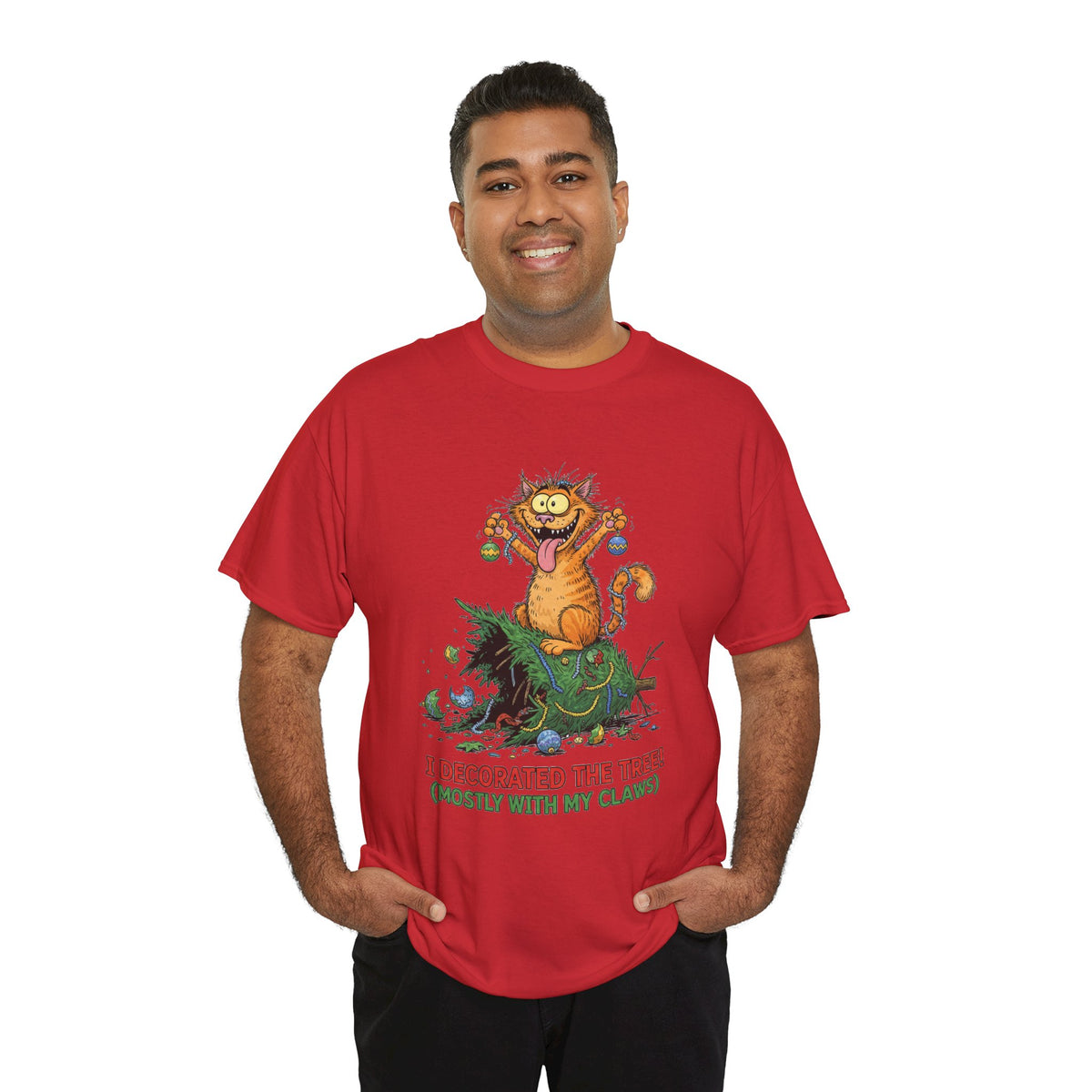 Christmas Cat T-Shirt — "I Decorated the Tree! (Mostly With My Claws)" Funny Holiday Tee