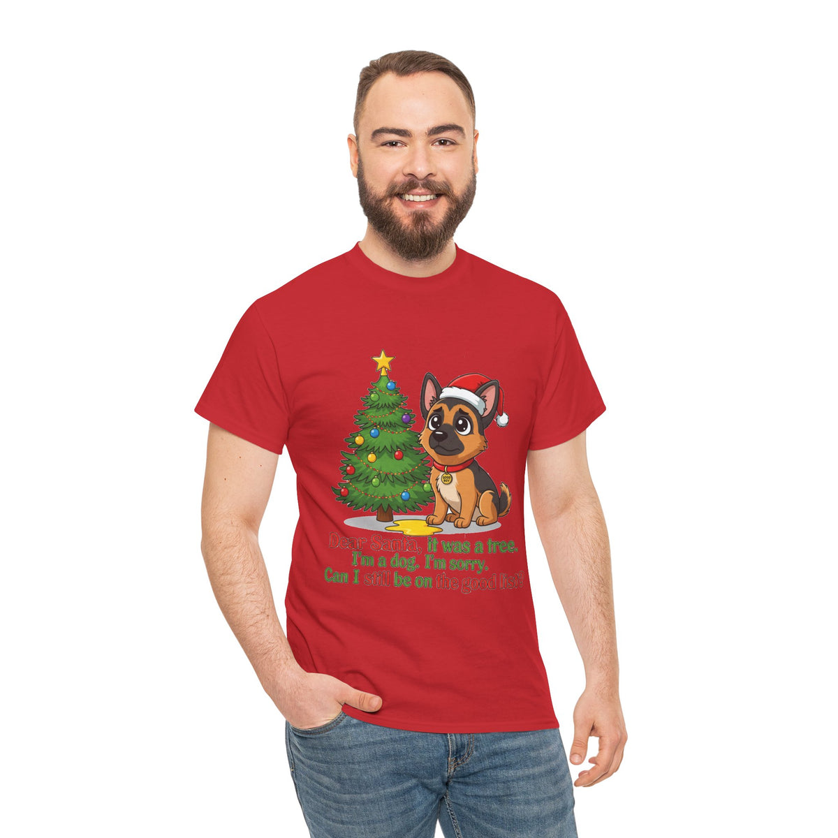 Christmas Dog T-Shirt — Cute German Shepherd with Tree & 'Dear Santa, I was a tree...' Holiday Tee