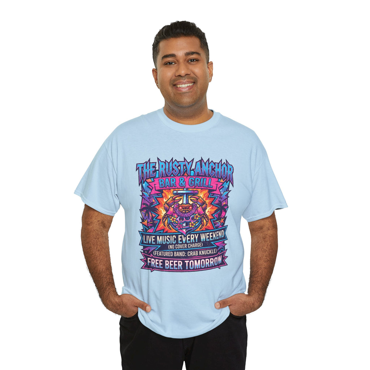 Rusty Anchor Bar & Grill Tee — “Free Beer Tomorrow” Retro Beach Bar T-Shirt