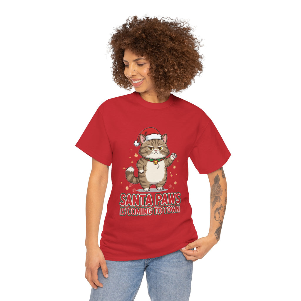 Santa Paws Christmas T-Shirt — "Santa Paws Is Coming to Town" Cute Cat Holiday Tee