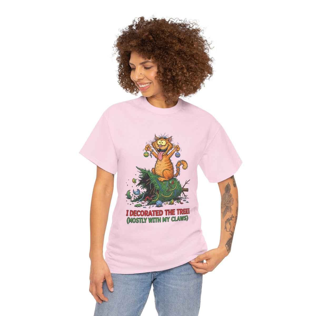 Christmas Cat T-Shirt — "I Decorated the Tree! (Mostly With My Claws)" Funny Holiday Tee