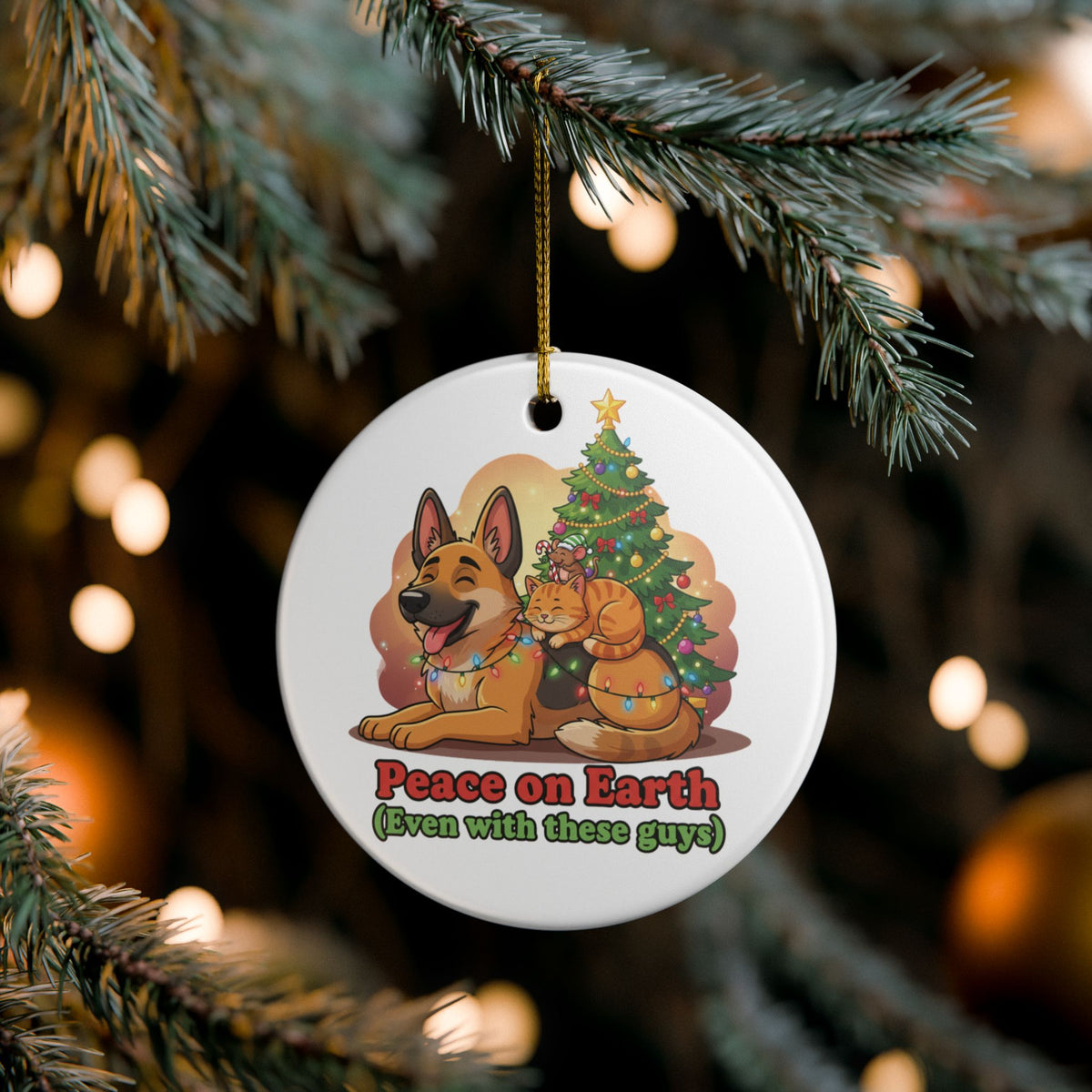 Peace on Earth Dog and Cat Christmas Ornament