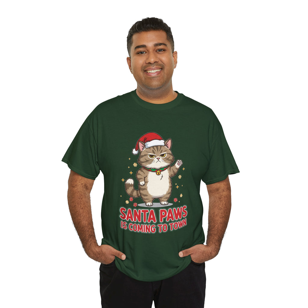 Santa Paws Christmas T-Shirt — "Santa Paws Is Coming to Town" Cute Cat Holiday Tee