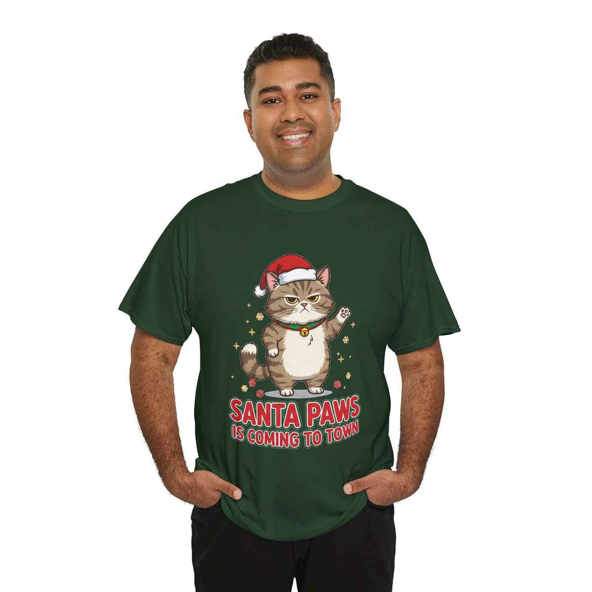 Santa Paws Christmas T-Shirt — "Santa Paws Is Coming to Town" Cute Cat Holiday Tee