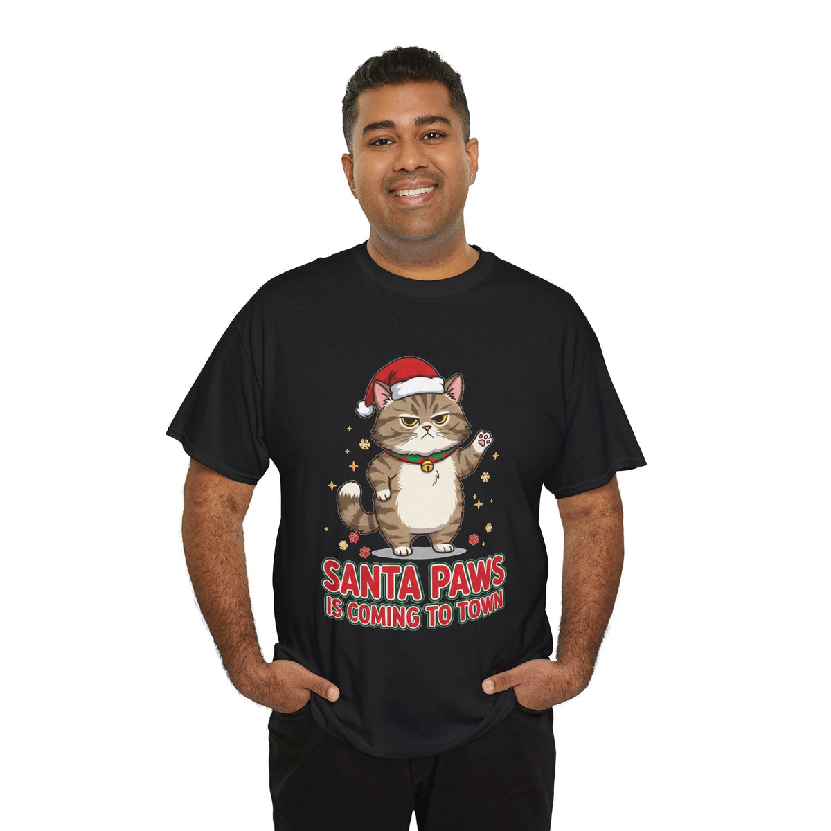 Santa Paws Christmas T-Shirt — "Santa Paws Is Coming to Town" Cute Cat Holiday Tee