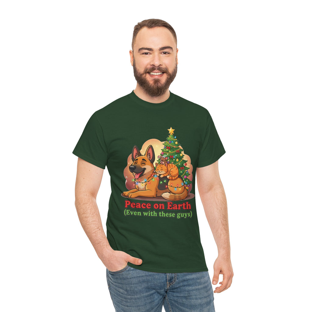 Peace on Earth Christmas Tee — Cute Dog & Cat Holiday Shirt