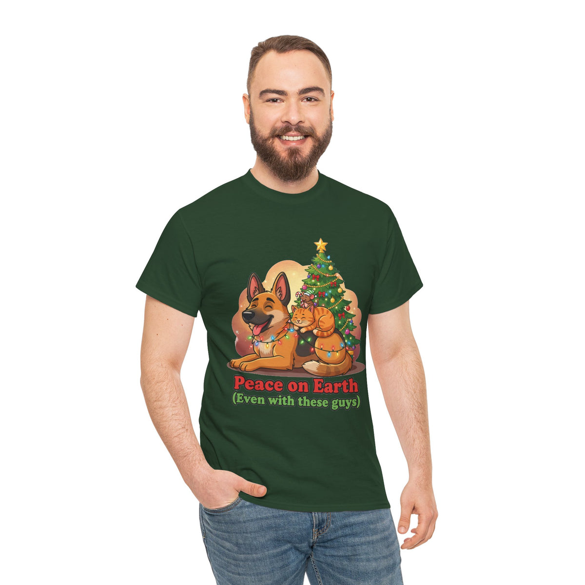 Peace on Earth Christmas Tee — Cute Dog & Cat Holiday Shirt