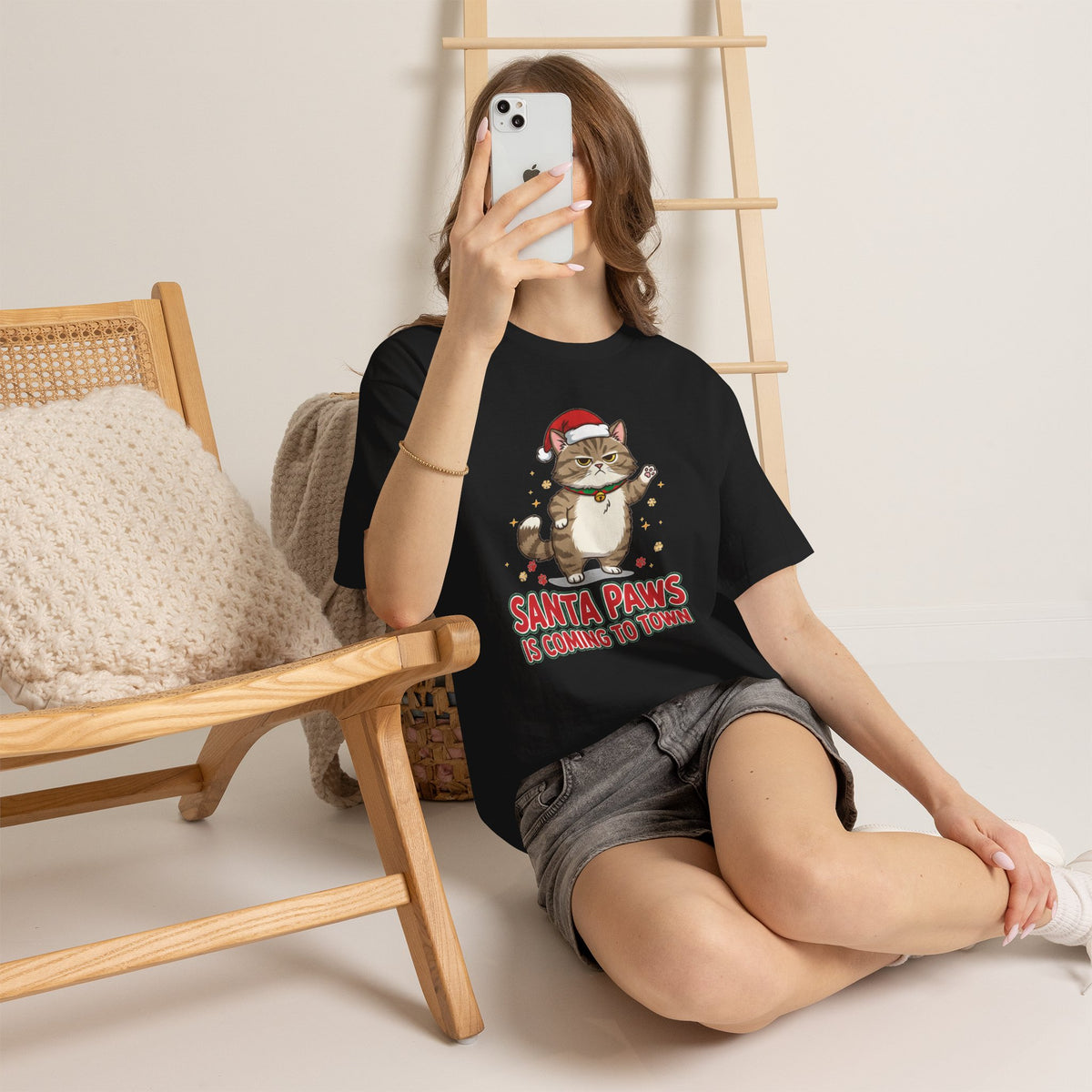 Santa Paws Christmas T-Shirt — "Santa Paws Is Coming to Town" Cute Cat Holiday Tee