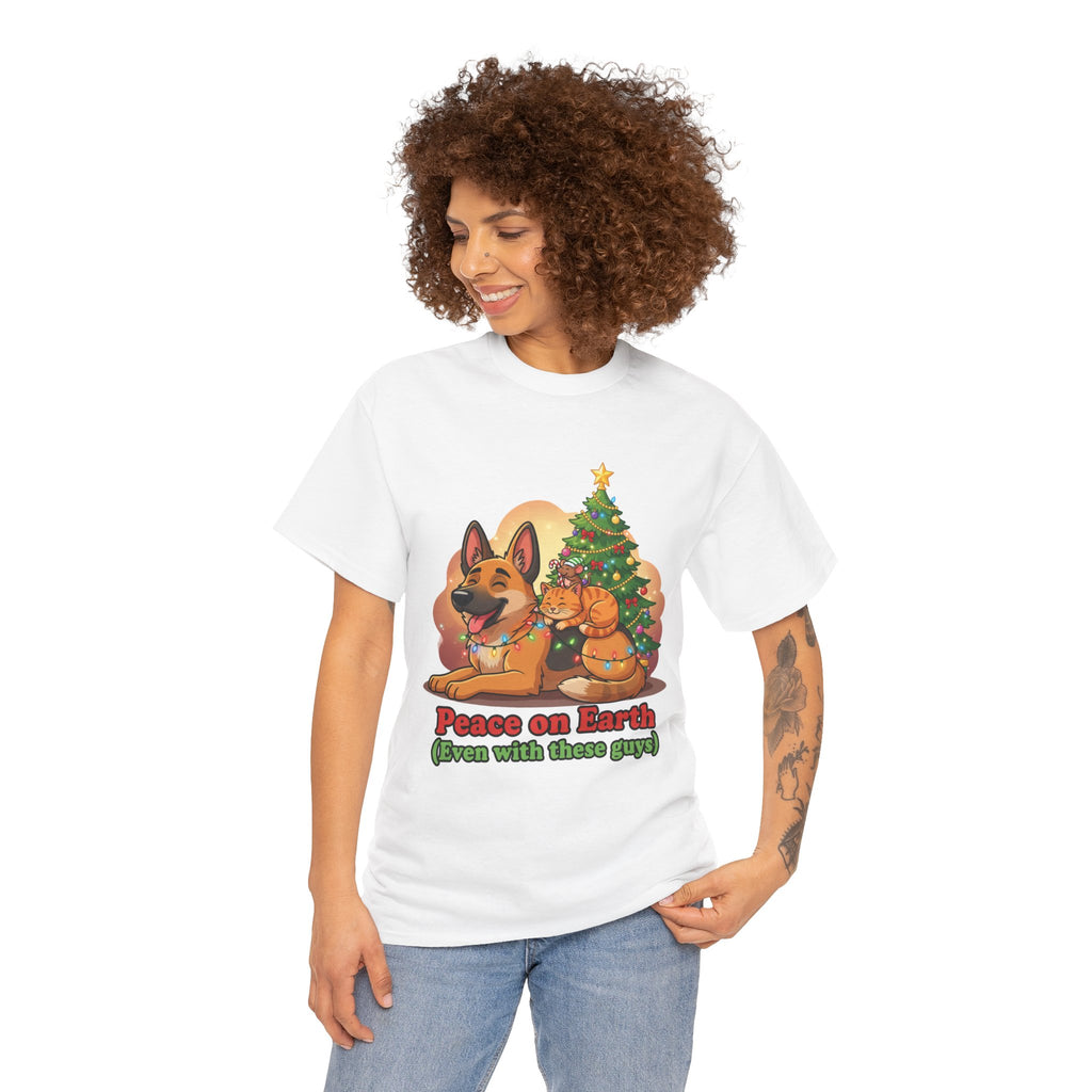 Peace on Earth Christmas Tee — Cute Dog & Cat Holiday Shirt