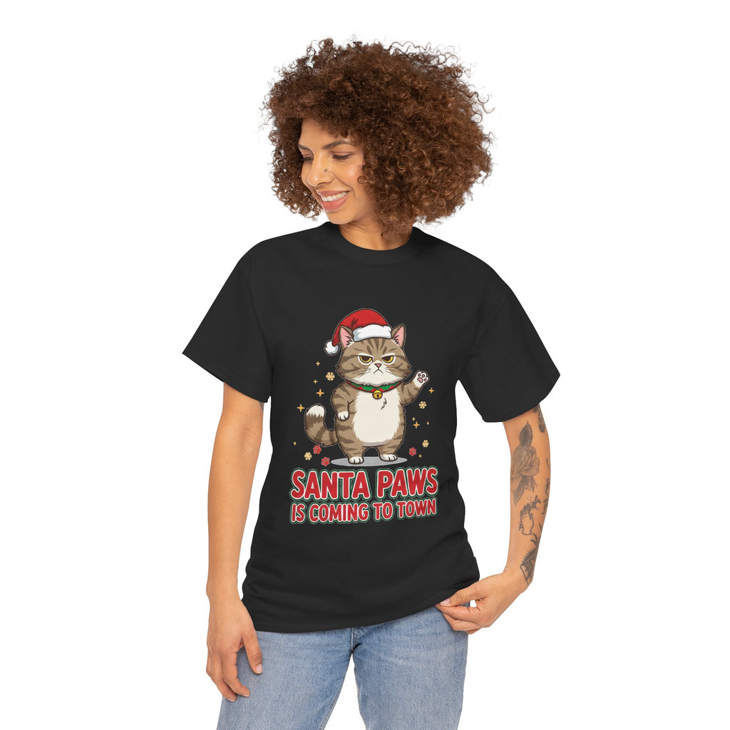 Santa Paws Christmas T-Shirt — "Santa Paws Is Coming to Town" Cute Cat Holiday Tee