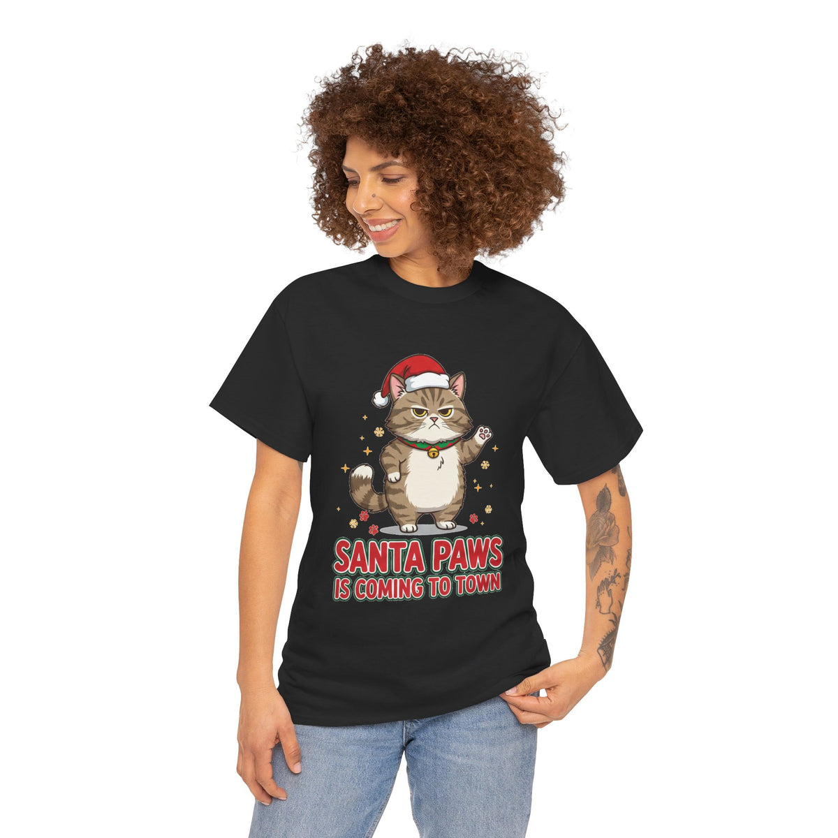 Santa Paws Christmas T-Shirt — "Santa Paws Is Coming to Town" Cute Cat Holiday Tee