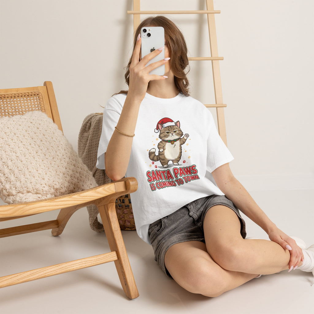 Santa Paws Christmas T-Shirt — "Santa Paws Is Coming to Town" Cute Cat Holiday Tee