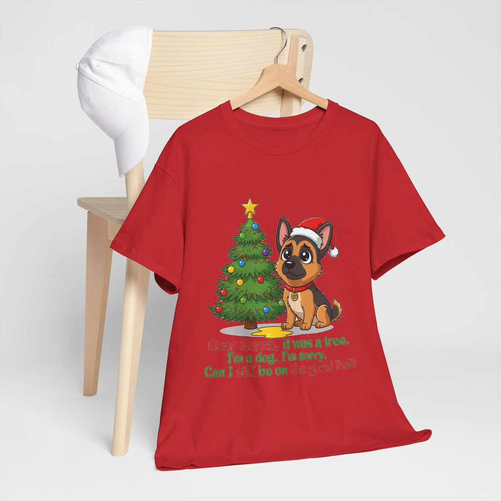 Christmas Dog T-Shirt — Cute German Shepherd with Tree & 'Dear Santa, I was a tree...' Holiday Tee