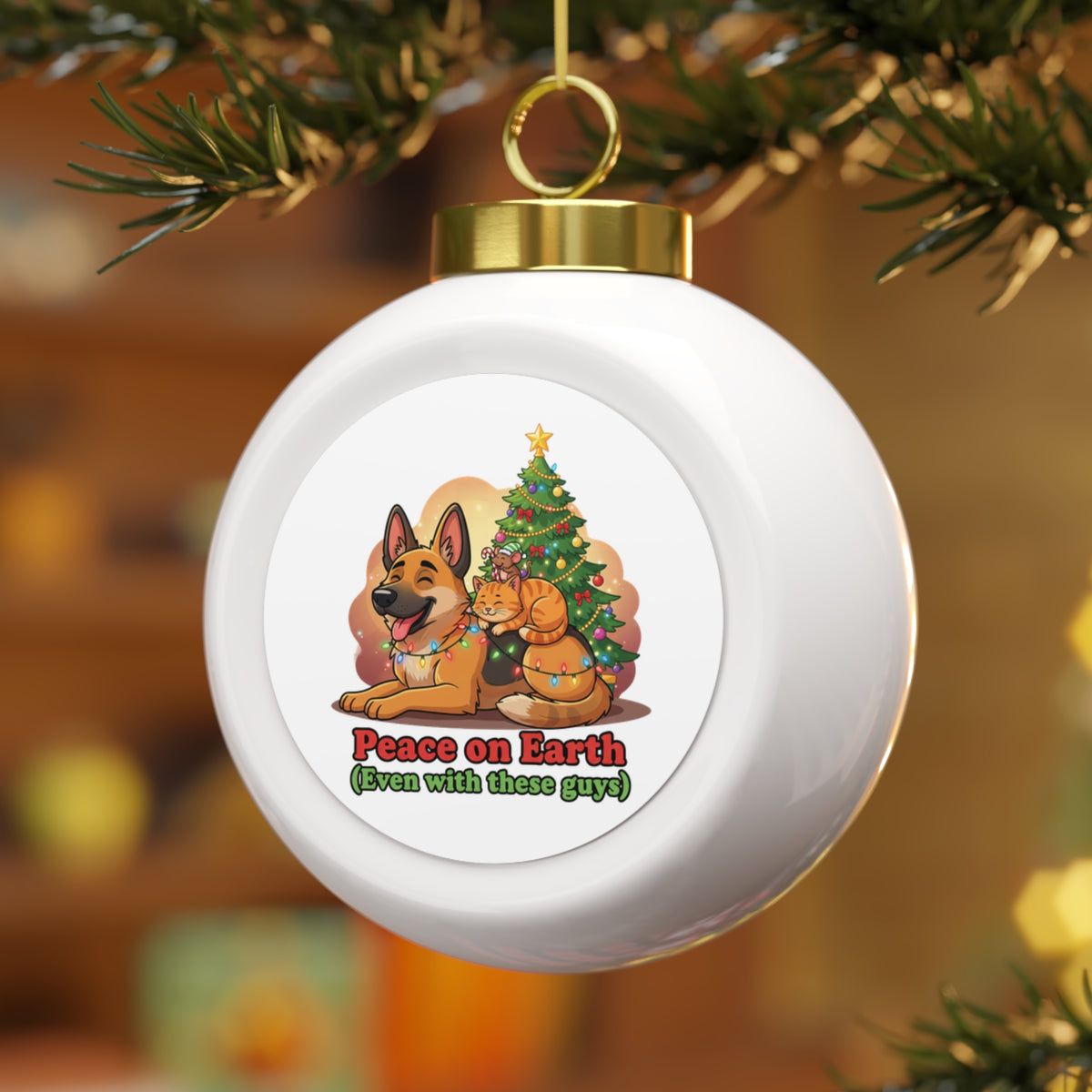 Peace on Earth Christmas Ball Ornament with Festive Poinsettia Design