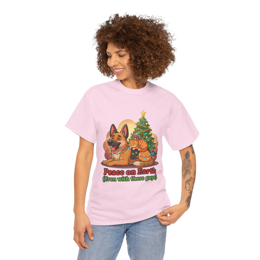 Peace on Earth Christmas Tee — Cute Dog & Cat Holiday Shirt